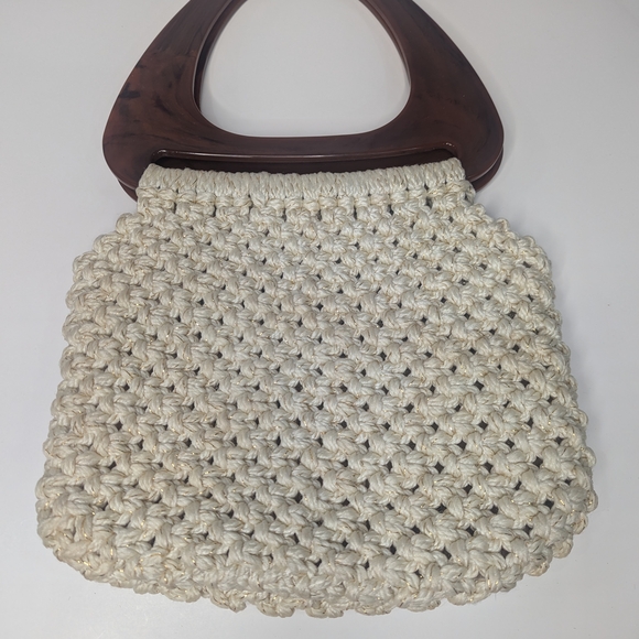Handcrafted Creme Colored Crochet/ Macrame Bag  with Lucite Handles - Picture 2 of 11